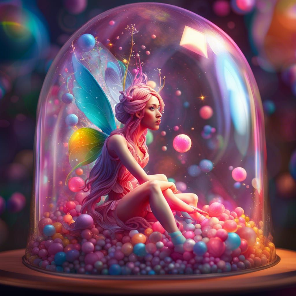 Bubblegum Fairy in Glass Dome: Hyperrealistic Splash Art