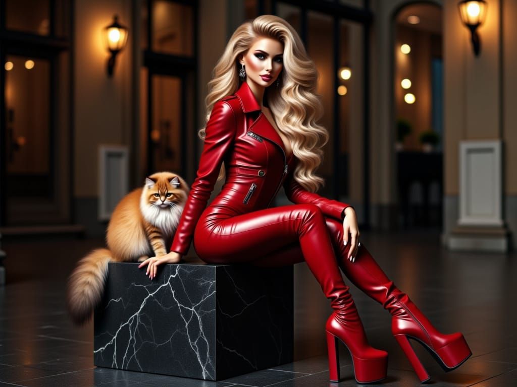 Glamorous Woman in Red Leather Suite with Fluffy Kitty