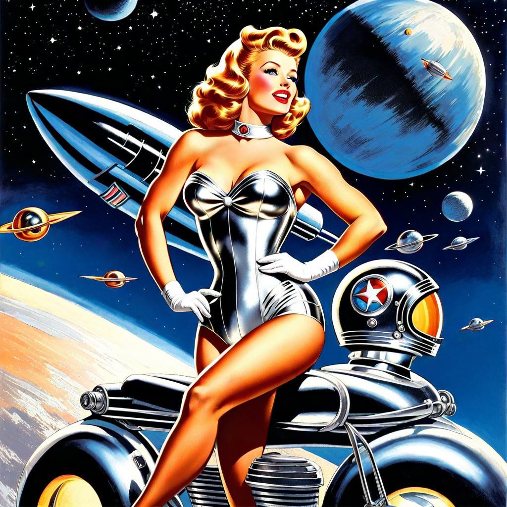 Retro Superheroine Rides Rocket in Space, Fantasy Art
