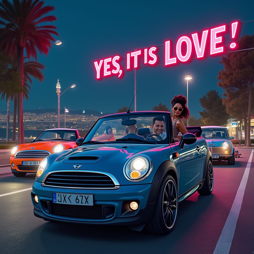 Retrofuturistic MINI Cooper Road Trip with Vibrant Neon Colo...