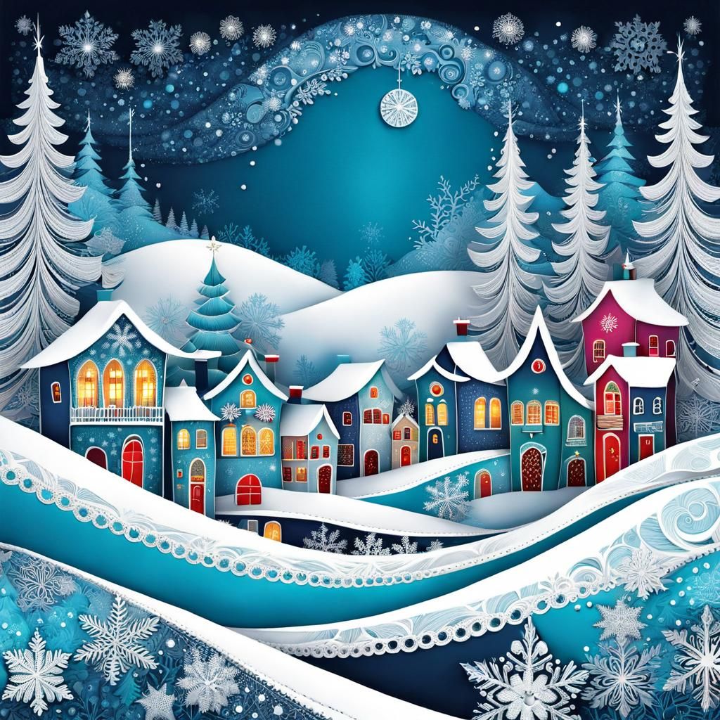 Christmas Fantasy Village in Boho Fabric Collage