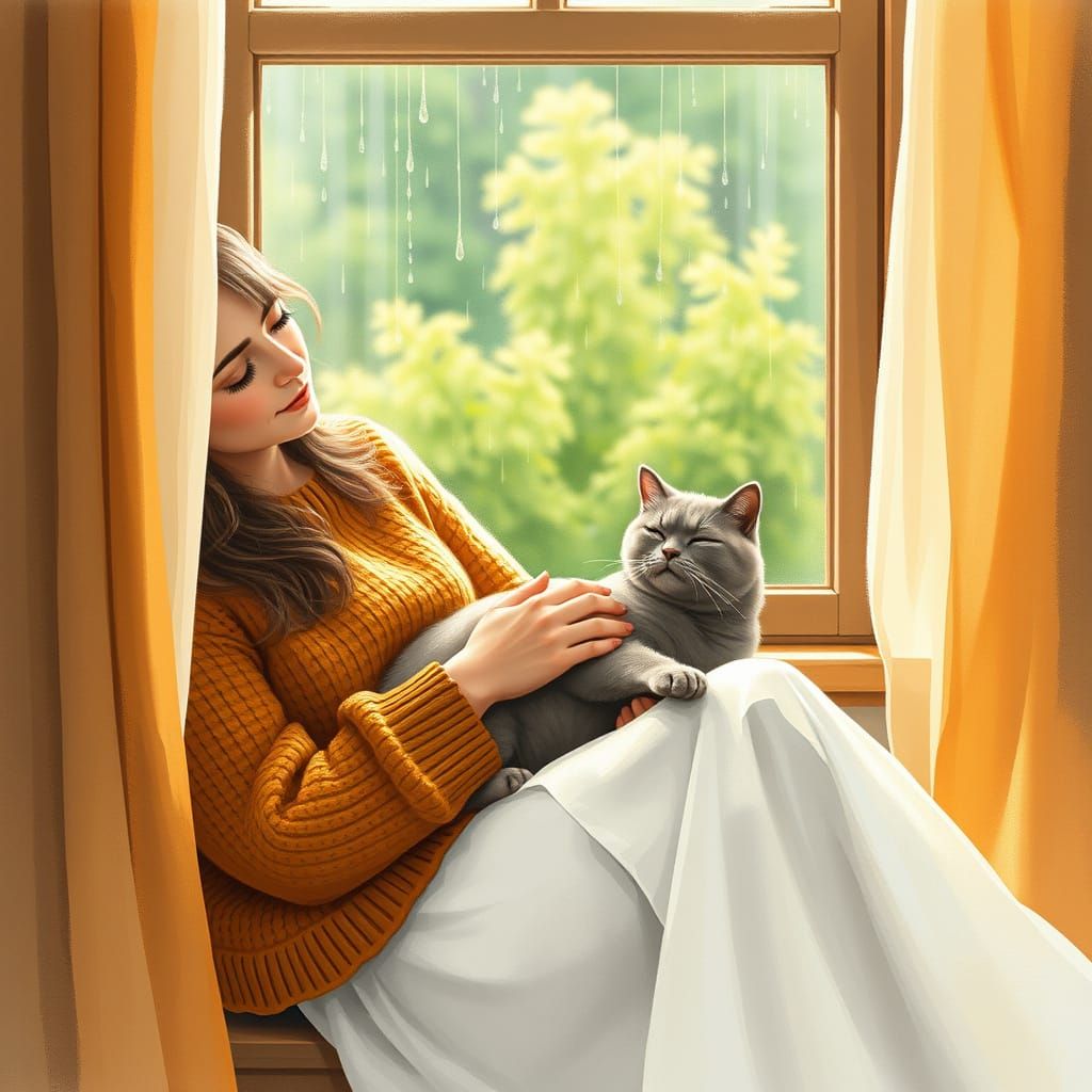 Cozy Woman Sits with Cat in Whimsical Window Scene