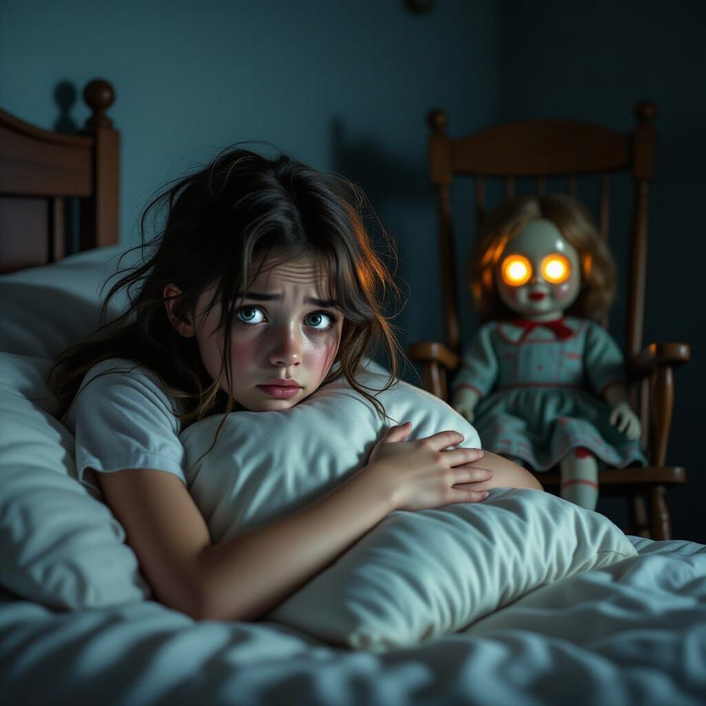 Creepy Doll in Bedroom in Horror-Fantasy Style