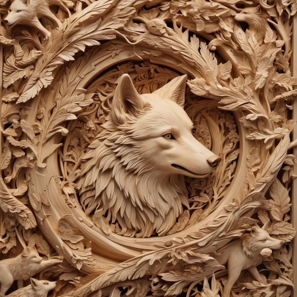 Wood Carving: Wolves in Birchwood, Polished