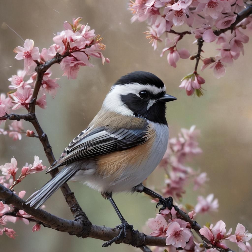 Hyperrealistic Chickadee in Sakura: Alkyd Palette Knife Art