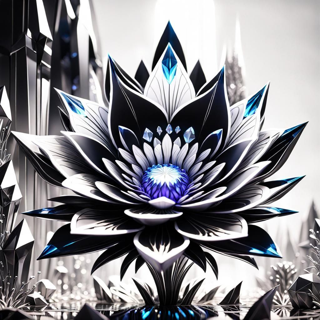Detailed Black and White Crystal Flower in 8K