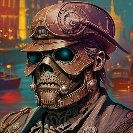 Steampunk Boat on Thames in Ink Painting Style