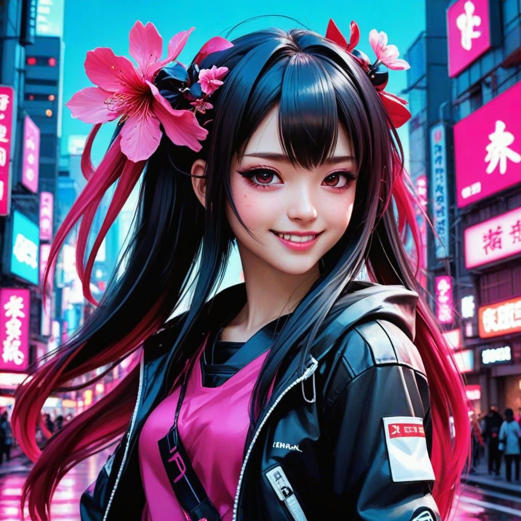 Surreal Neo Tokyo Goddess in Hot Pink Sakura Aesthetic