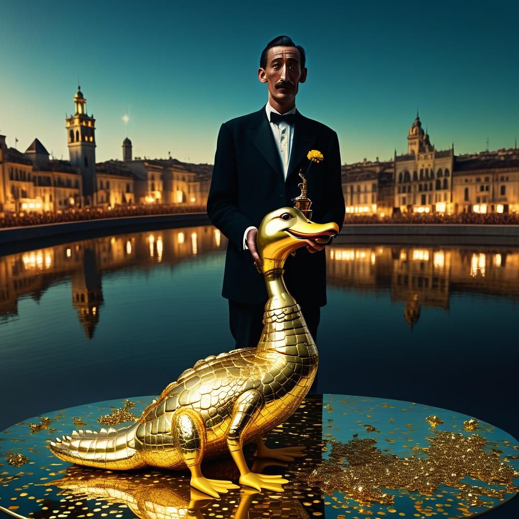 Golden Crocoduck Trophy in Surrealist Film Still