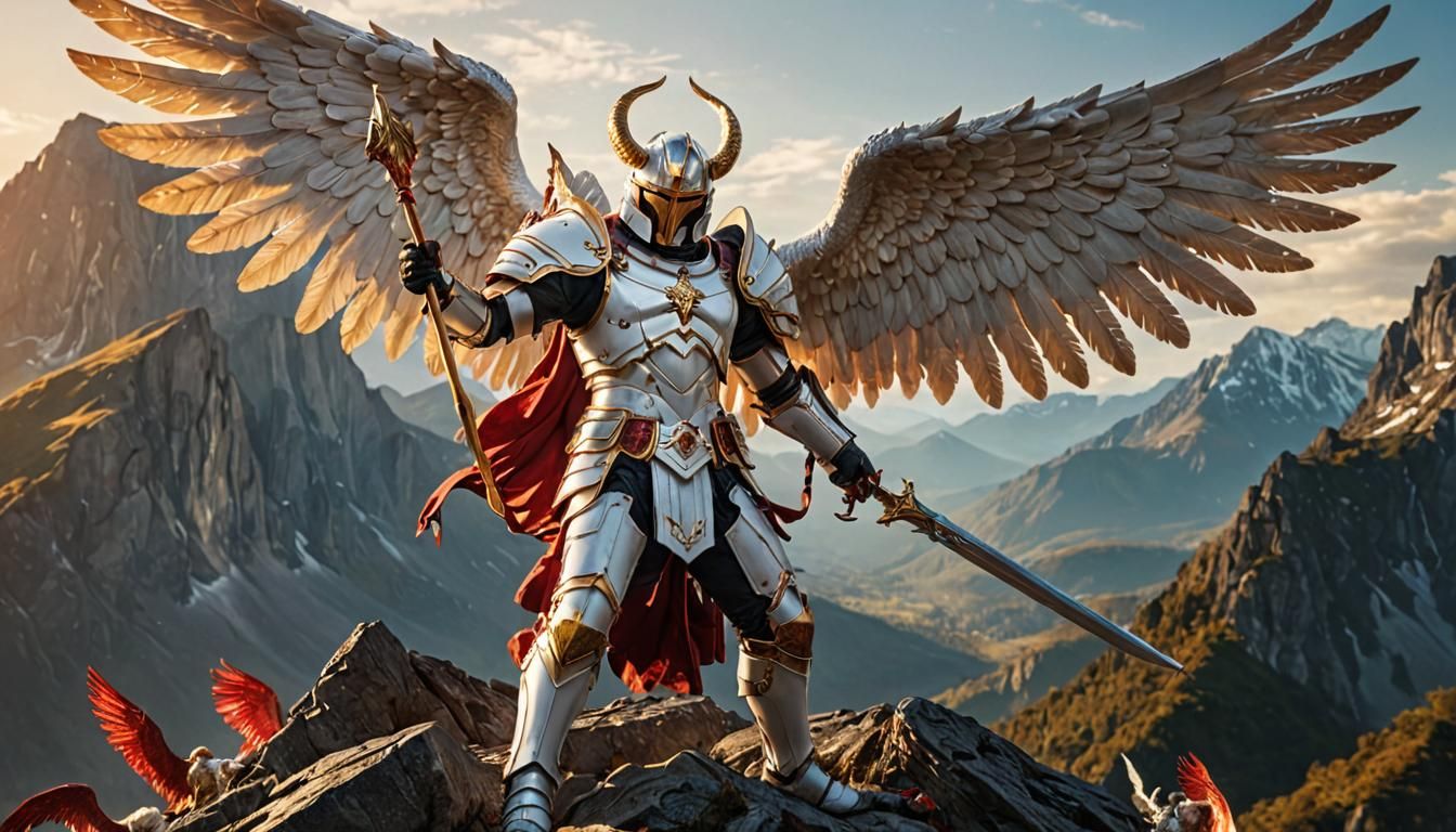 Archangel Gabriel Blowing Horn Amidst Angelic Battle