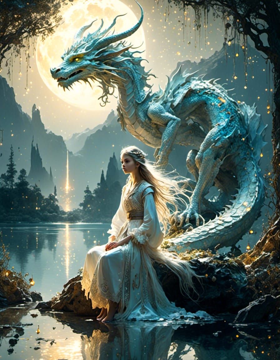 Spirit Dragon and Elf Girl in Peaceful Landscape