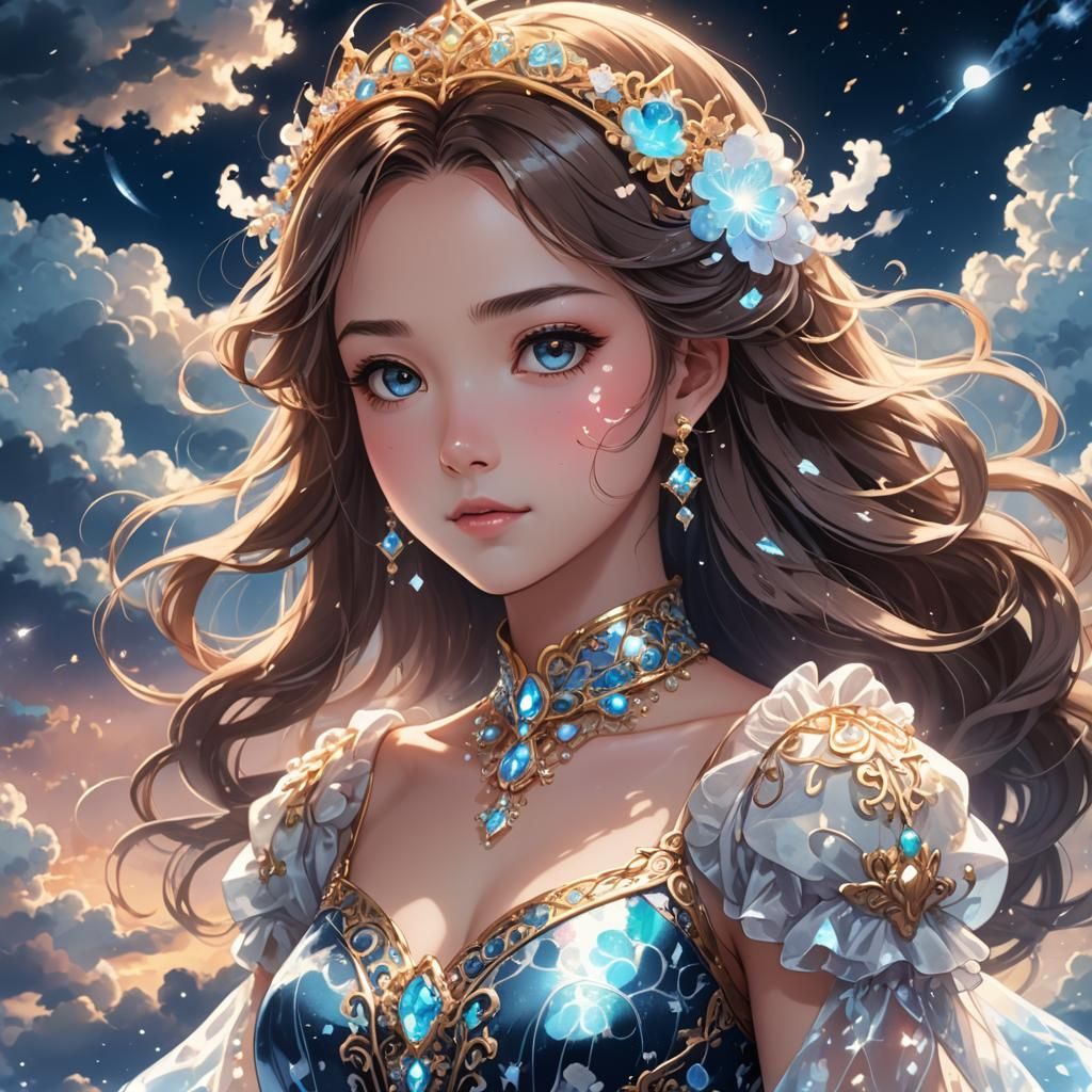 Princess in Clouds Dress: Cel-Shaded Digital Art