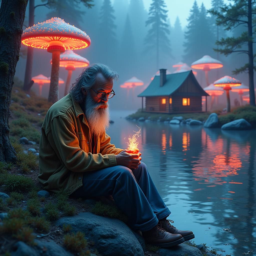 Psychedelic Mushroom Planet with Figure, Digital Art