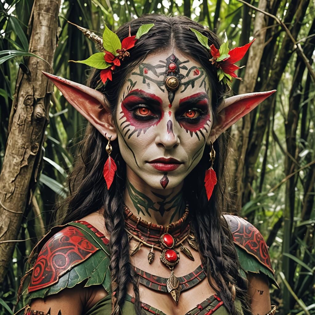 Elf with Aztec Clothing and Voodoo Face Paint