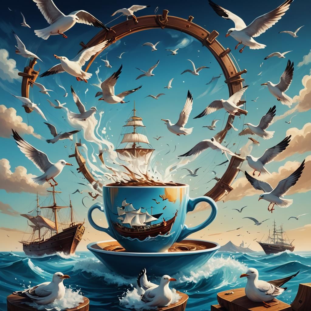Coffee Cup Boat: Surreal Fantasy Art