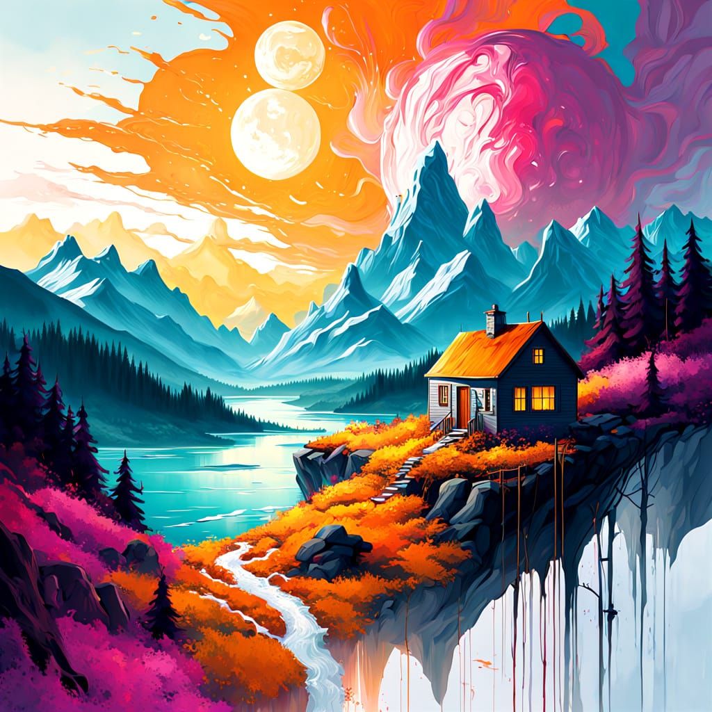 Surreal Oil and Ink Landscape of Rolling Hills and Towering ...