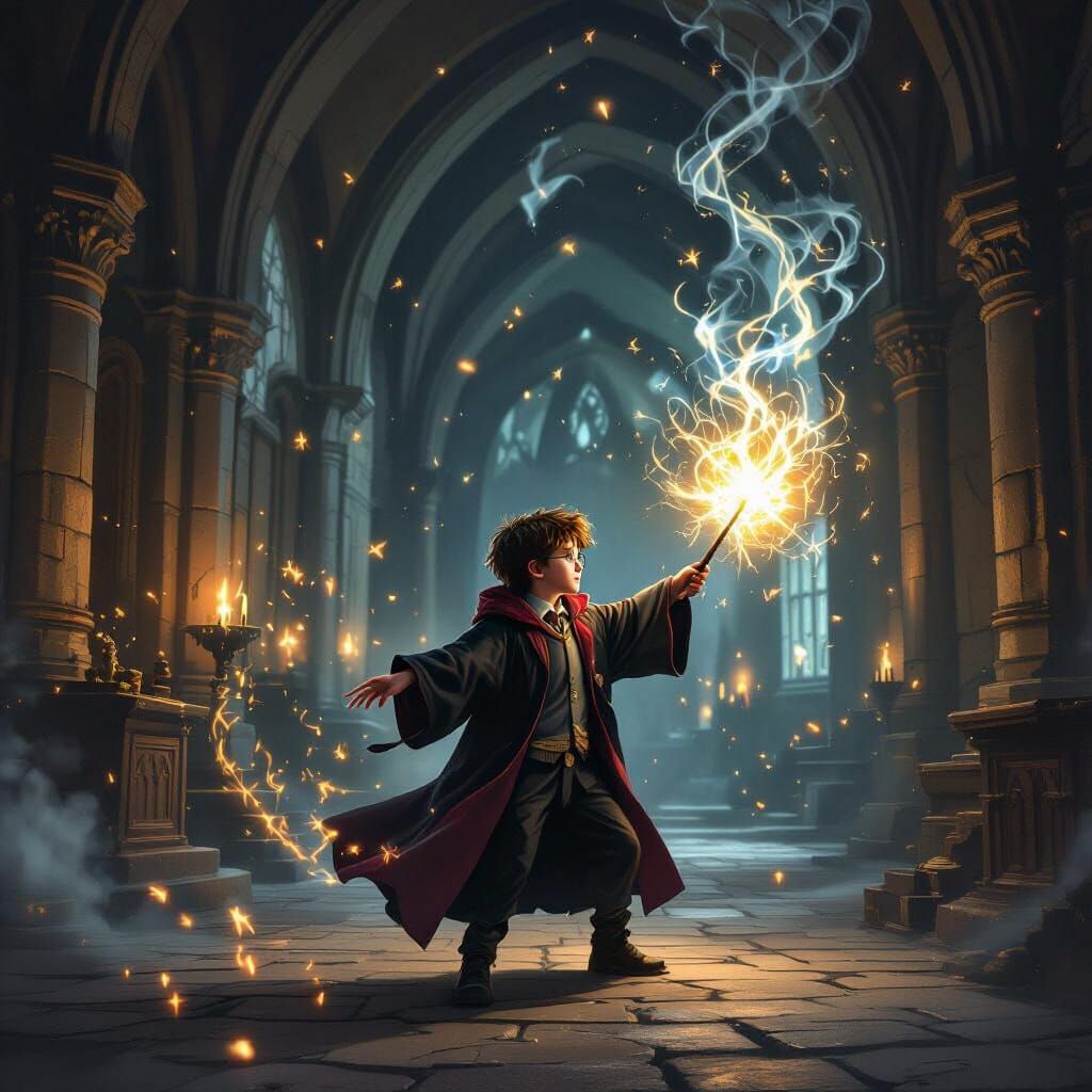Young Wizard Casting Spell in Ancient Castle Hall