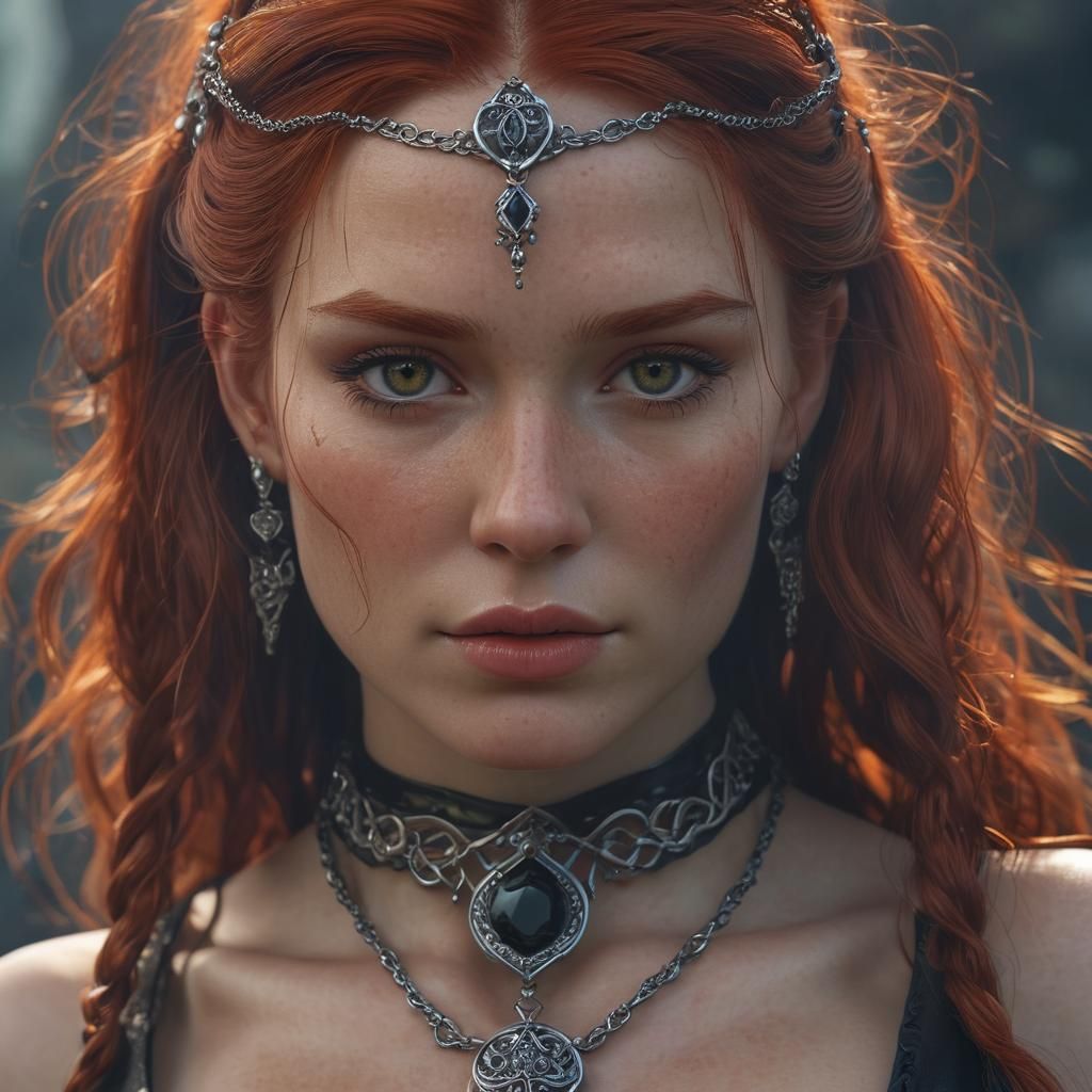 Celtic Princess with Obsidian Necklace, Dark Fantasy Art