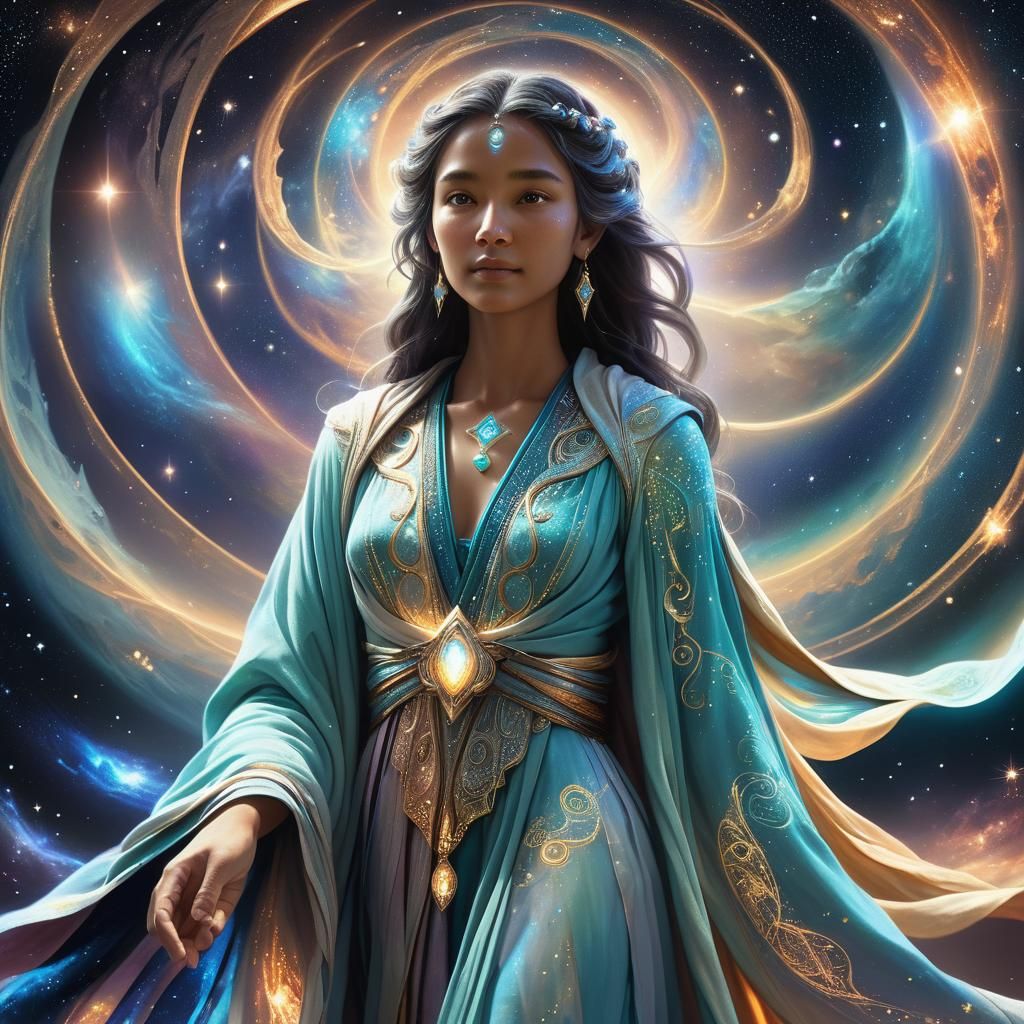 Pleiadian Being in Cosmic Atmosphere, Alphonse Mucha Style