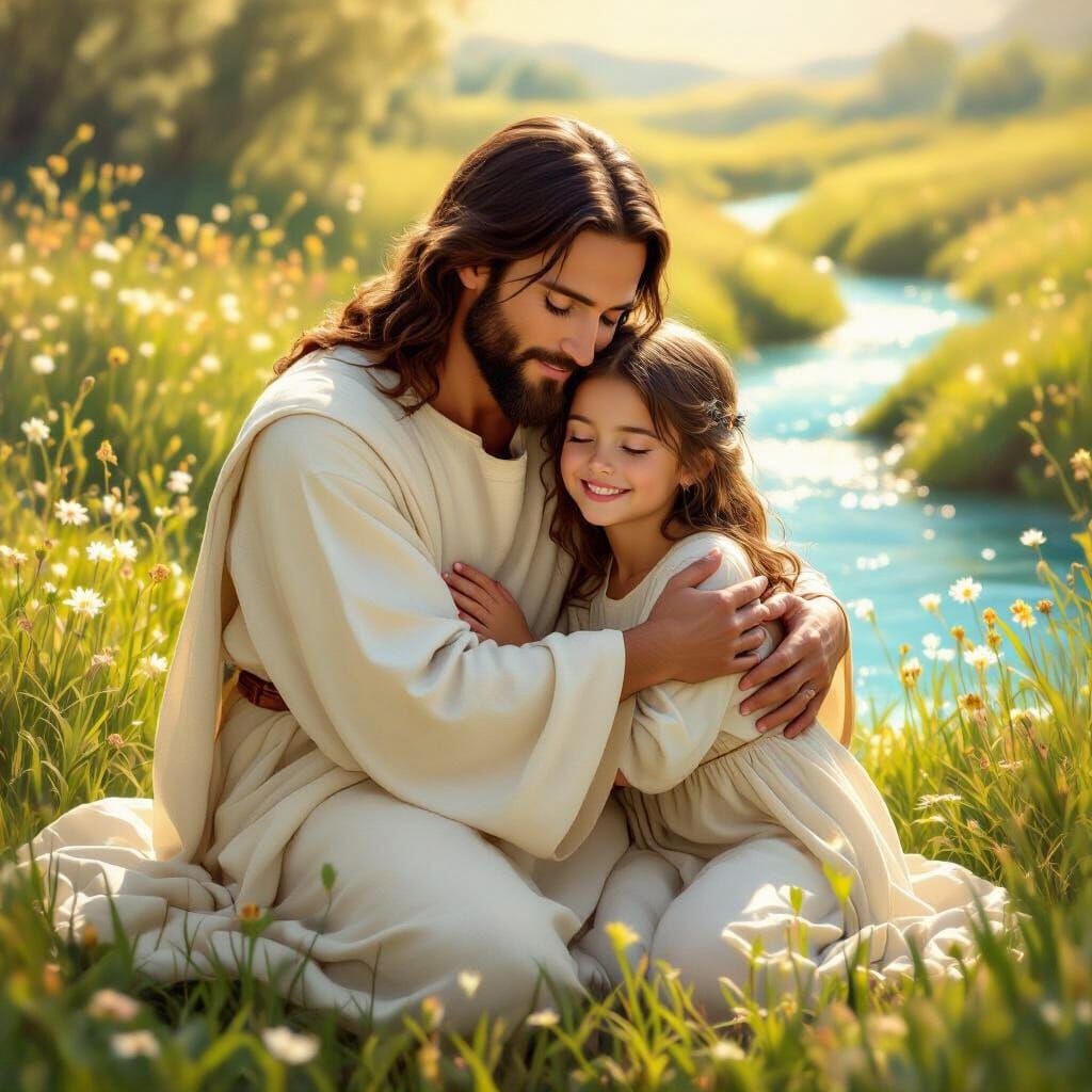Jesus Christ Hugs Smiling Girl in Sunlit Field