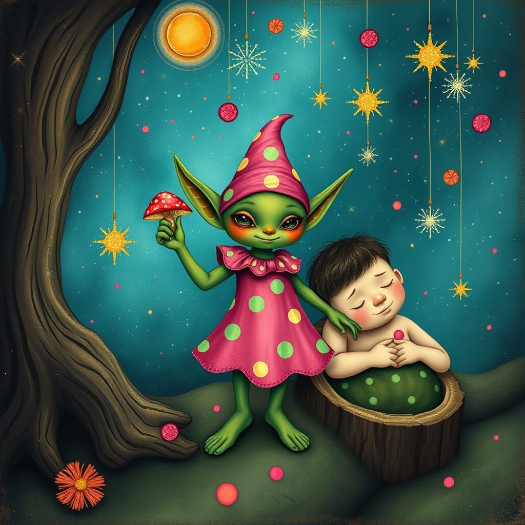 Whimsical Wood-Goblin Waving Mushroom Over Lumberjack