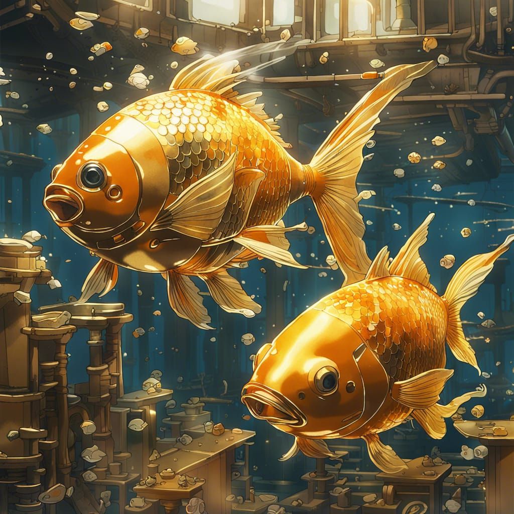 Mechanical Goldfish in Watercolor Style, Detailed Compositio...