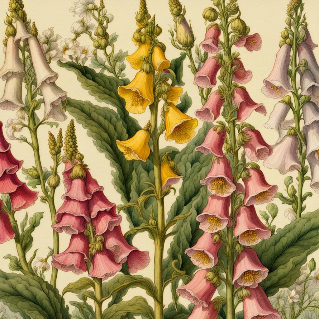 Foxglove Botanical Watercolor with Gold Border