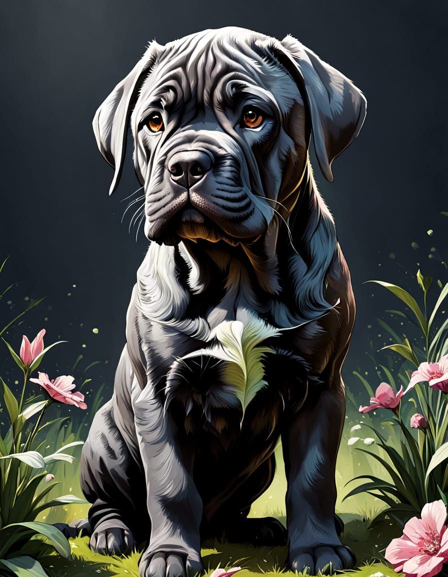 Adorable Dark Grey Mastiff Mix in Floral Spring Attire, Digi...