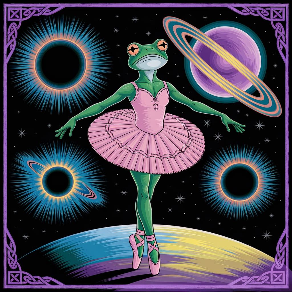 Frog Ballerina in Space: Pre-Raphaelite Painting