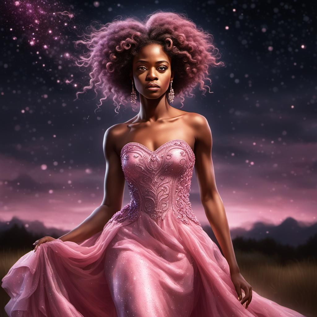 Elegant Maiden in Pink Gown, Digital Splash Art