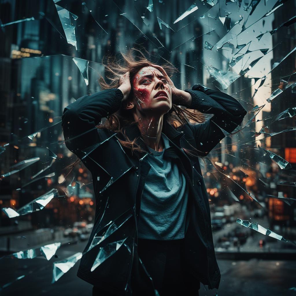 Anguish in Shattered Glass: A Hyperrealistic Portrait