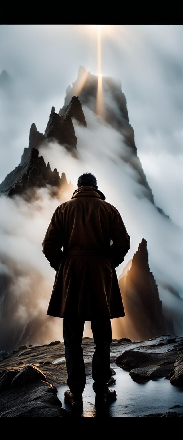 Lone Figure on Misty Peak in Cinematic Style