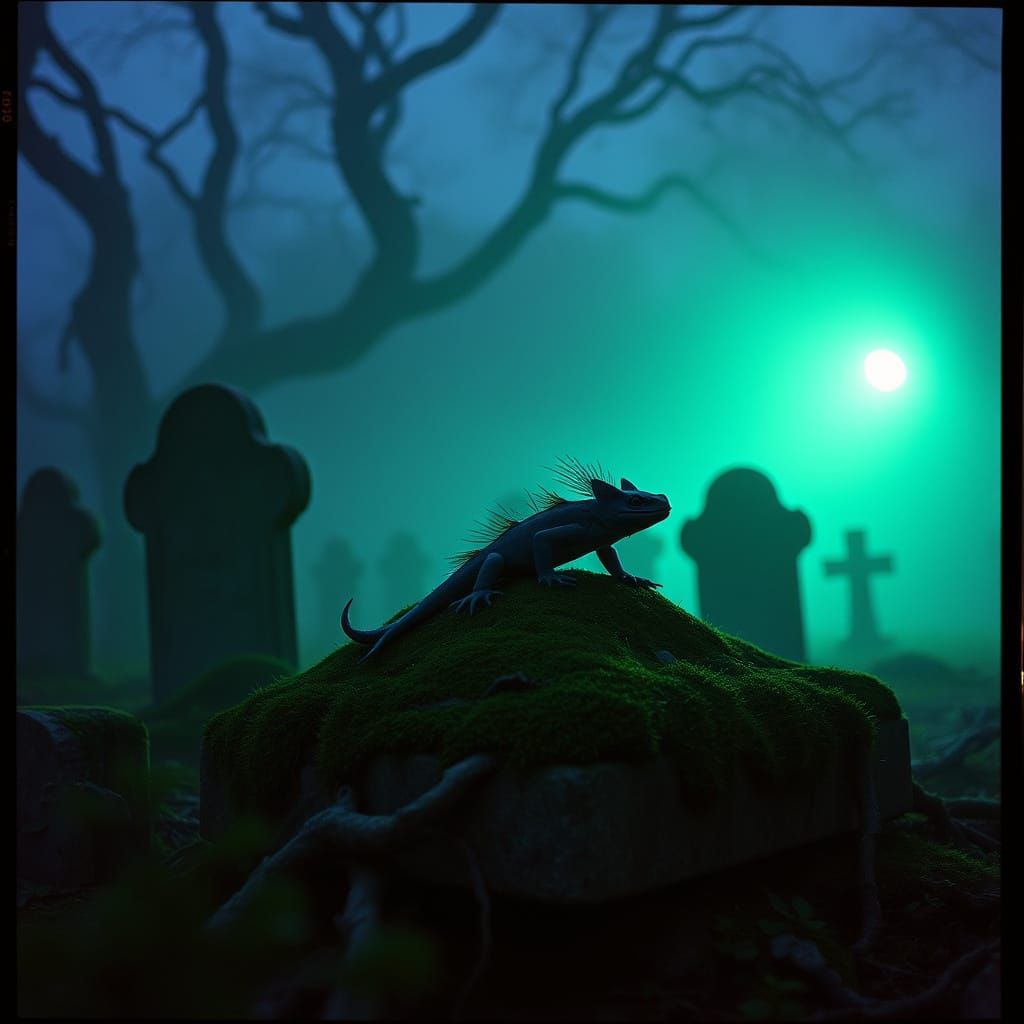 An Axolotl sitting on a  grave in a graveyard at dusk lit by...