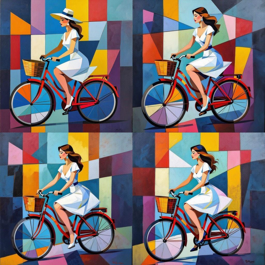 Woman on Bicycle in Cubist Modern Style