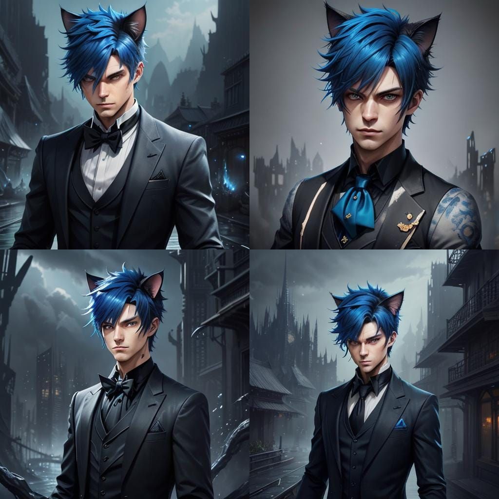 Stunning Anime-Inspired Neko Boy in a Black Suit with Short...