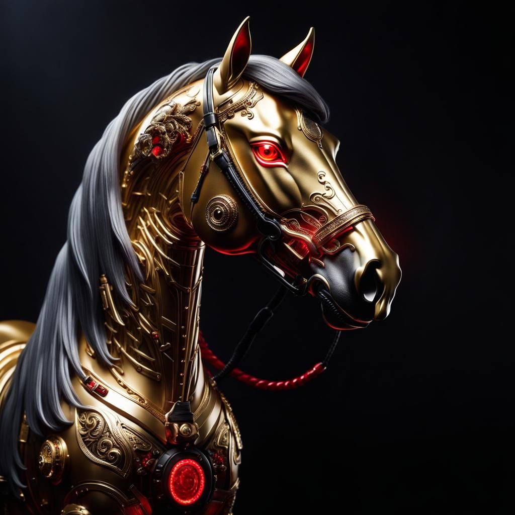 Delicate Golden Cyborg Horse with Ceramic Head