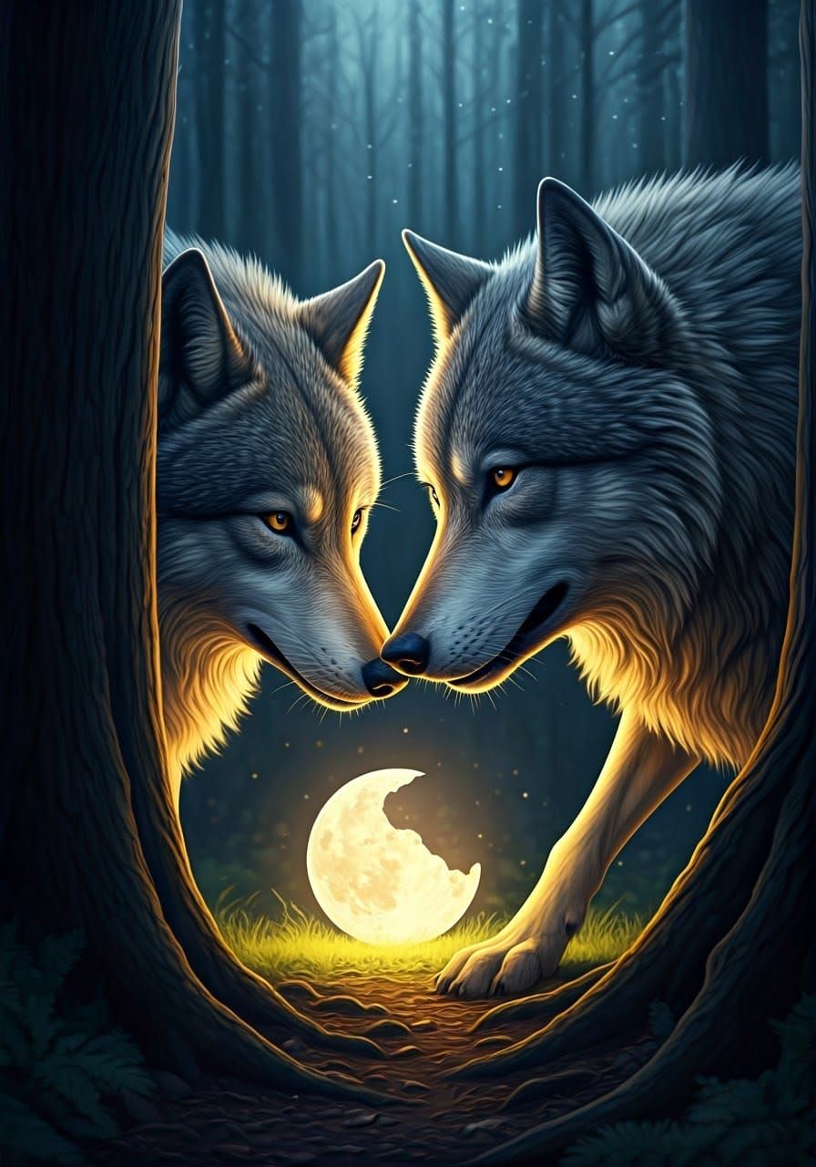 Wolves Encounter a Serene Lunar Scene in Watercolor