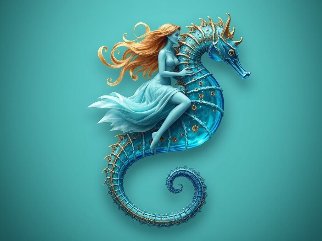 Woman Riding Seahorse in Goldenpunk Style