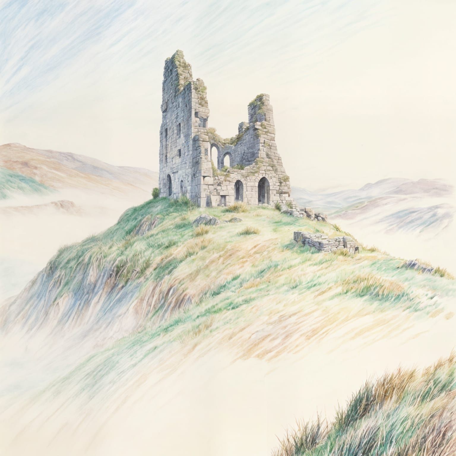 Ancient Irish Ruins on Misty Hilltop in Hand-Drawn Style
