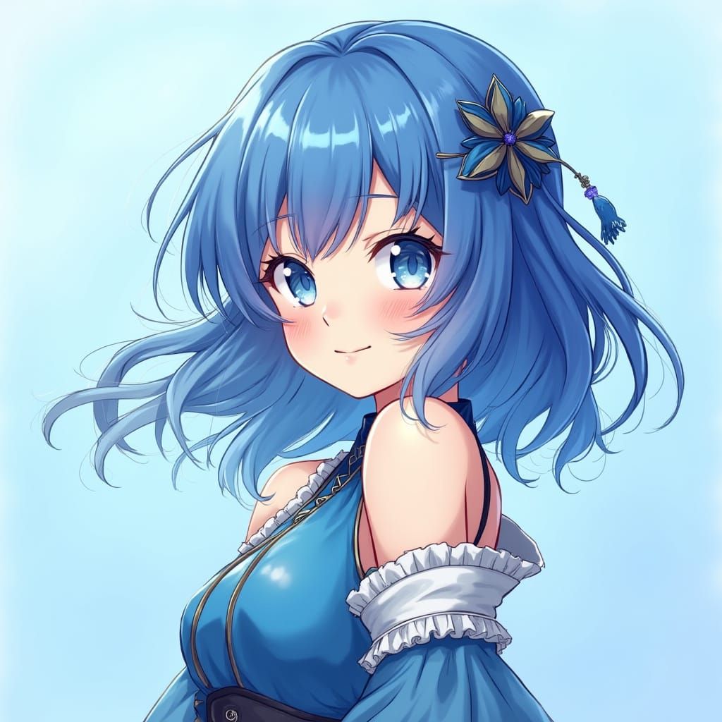 Vibrant Blue-Haired Anime Girl in Elegant, Cel-Shaded Style