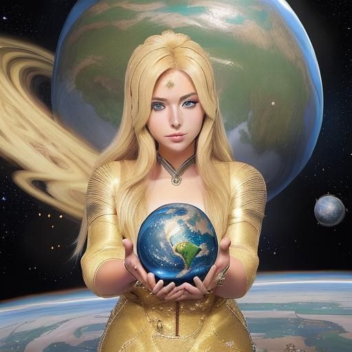 Blonde Woman Hugging Miniature Earth in Digital Art