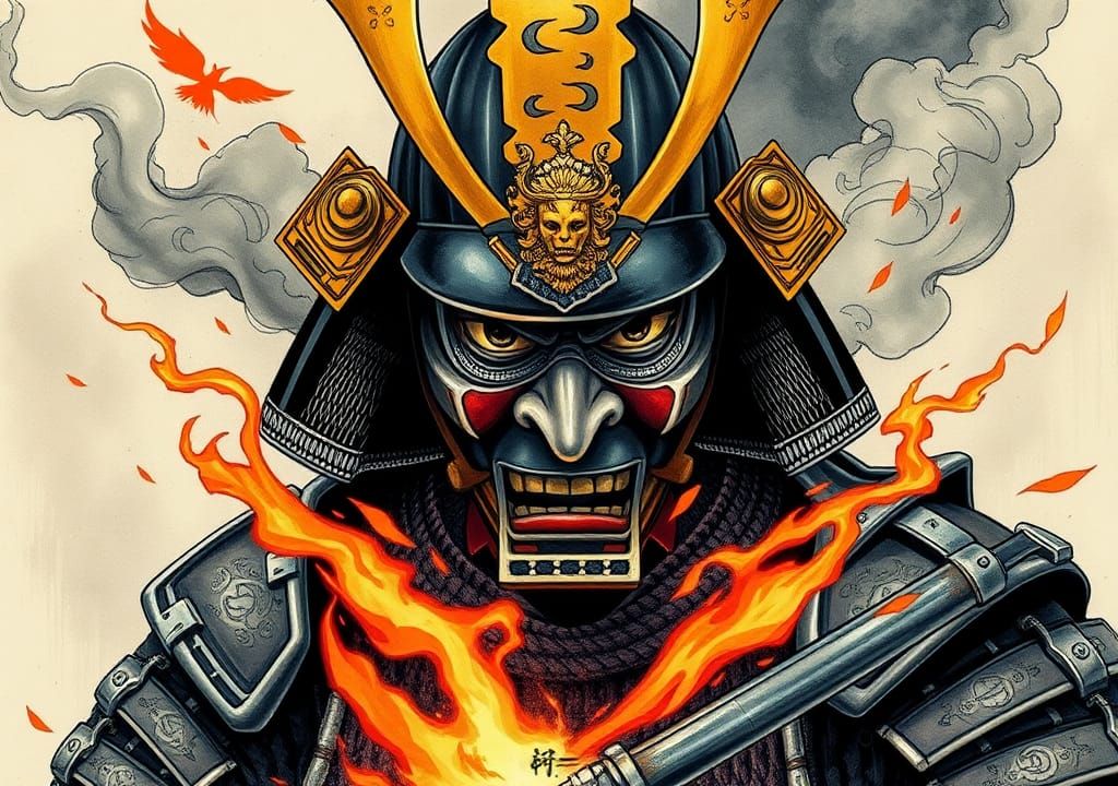 Fierce Samurai Warrior in Traditional Japanese Armor