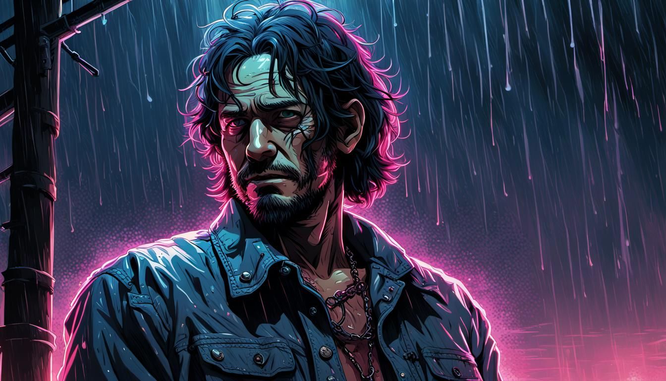 Chop-Top Portrait in Rainy Neon, Anime Style