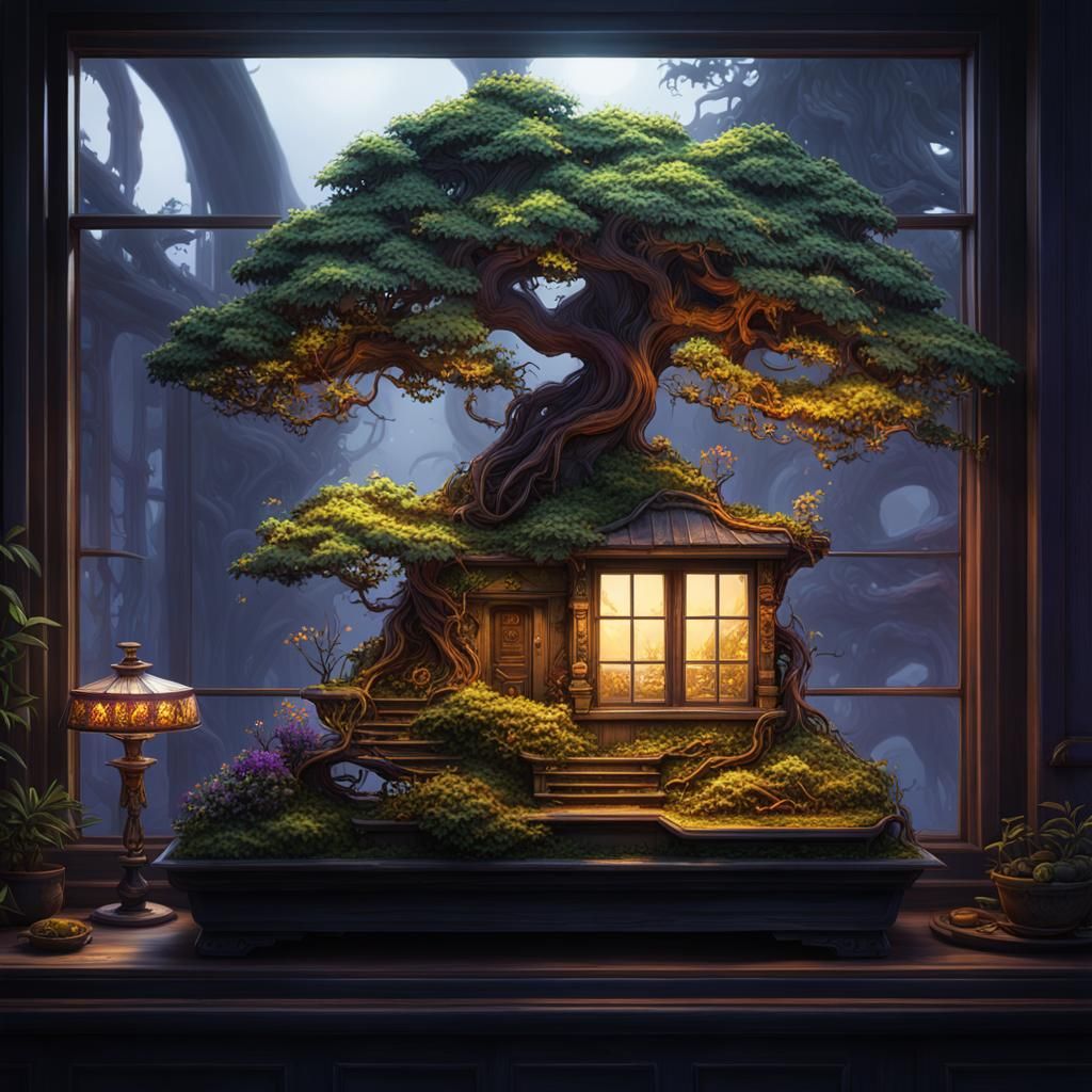 Bonsai Tree and Miniature Home: Fantasy Art