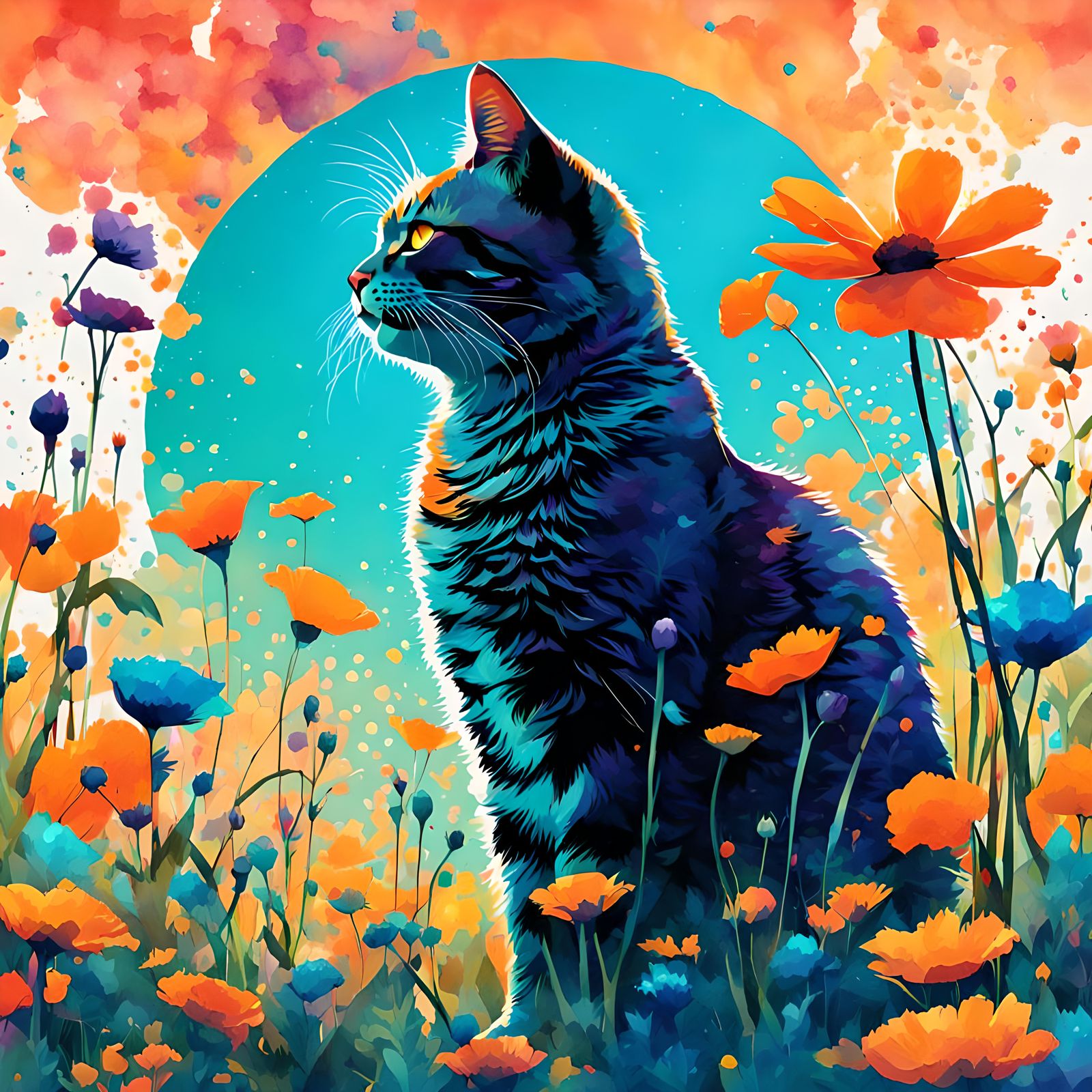 Floral Cat Silhouette: Double Exposure Watercolor Art