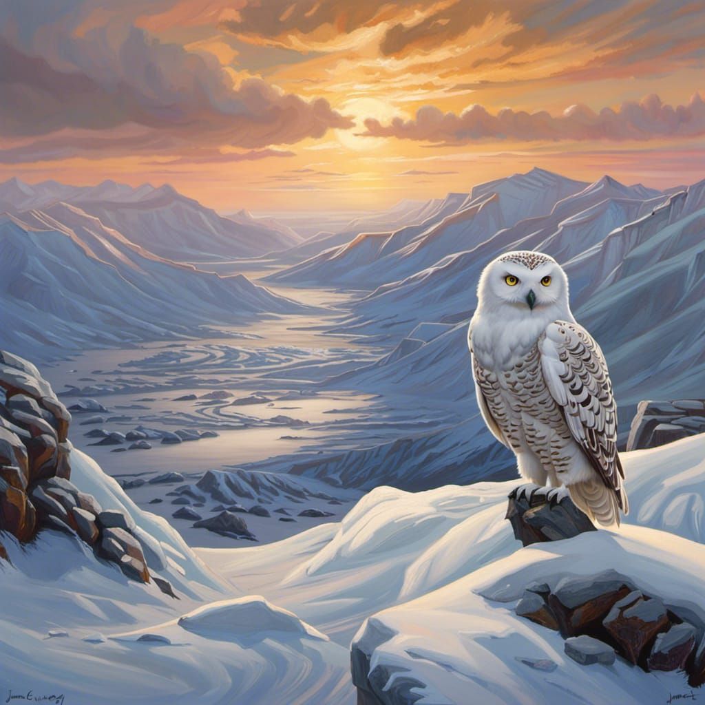 Icy Tundra Landscape with Snowy Owl Painting