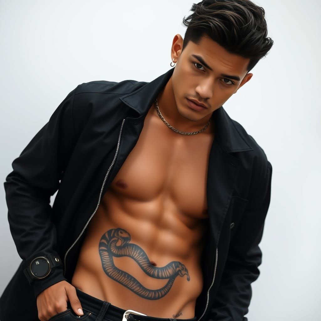 Young Man with Brooding Expression and Snake Tattoo