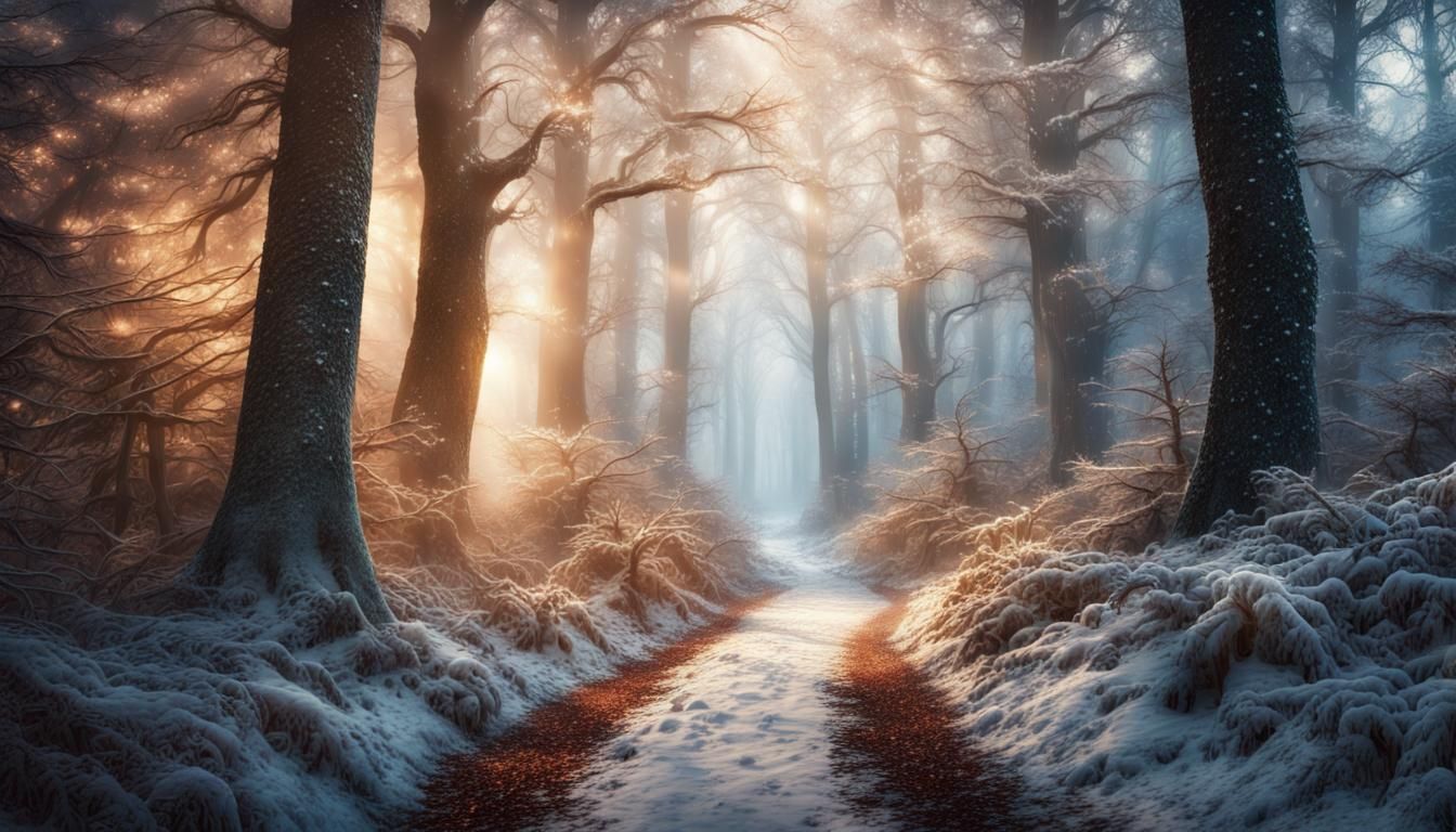 Enchanted Winter Forest Path in Warm Colors