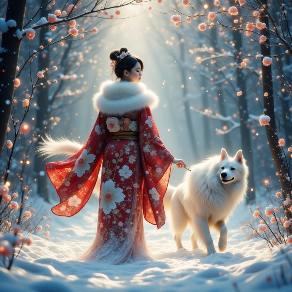 Geisha in Winter Kimono with Dog in Enchanted Forest