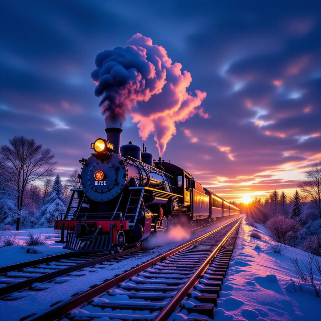 Majestic Winter Train on Detailed Railroad Under Dramatic Sk...